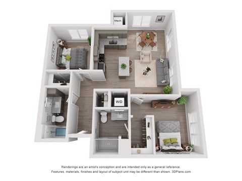 Floor plan for 2 beds, 2 baths, 1029 sqft